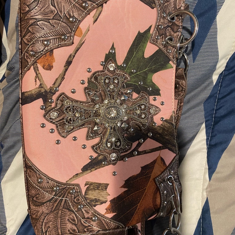 Pink and Brown Crossbody Bag with Embellished Cross